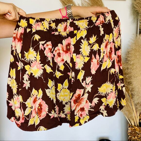 VINTAGE Y2K Brown Pink Floral Mini Skirt High Or Low Rise Elastic Loose Flowy L - Picture 5 of 9